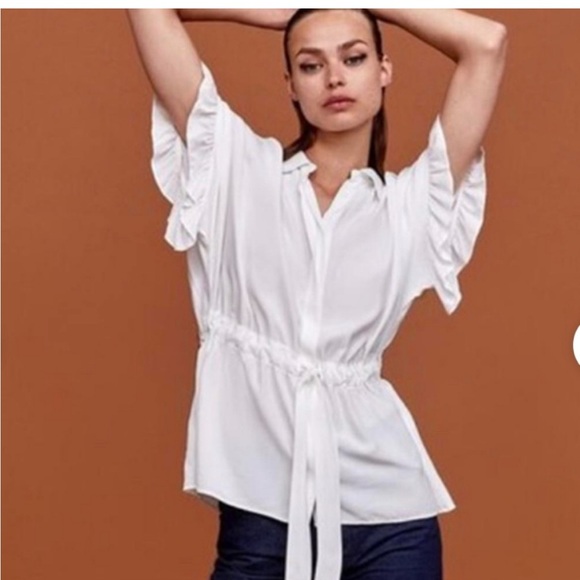 Zara Tops - Zara White Button Down Blouse with Ruffled Sleeves and Tie Bow Waist Normcore
